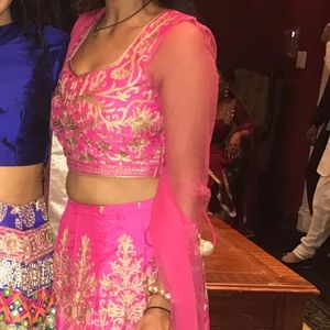 Hot pink and gold indian lengha (skirt, blouse, chuni)